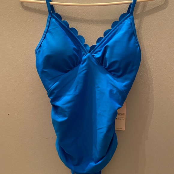 Cupshe One Piece Swimsuit Scalloped Neckline Ruched Waist Bright Blue - Picture 5 of 12